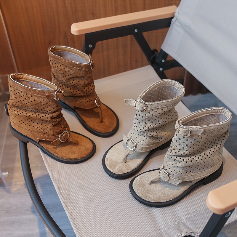 Girls French Toe Sandal Boots with Buckle Strap Openwork Summer Roman Princess Style Sandals_voghion.com