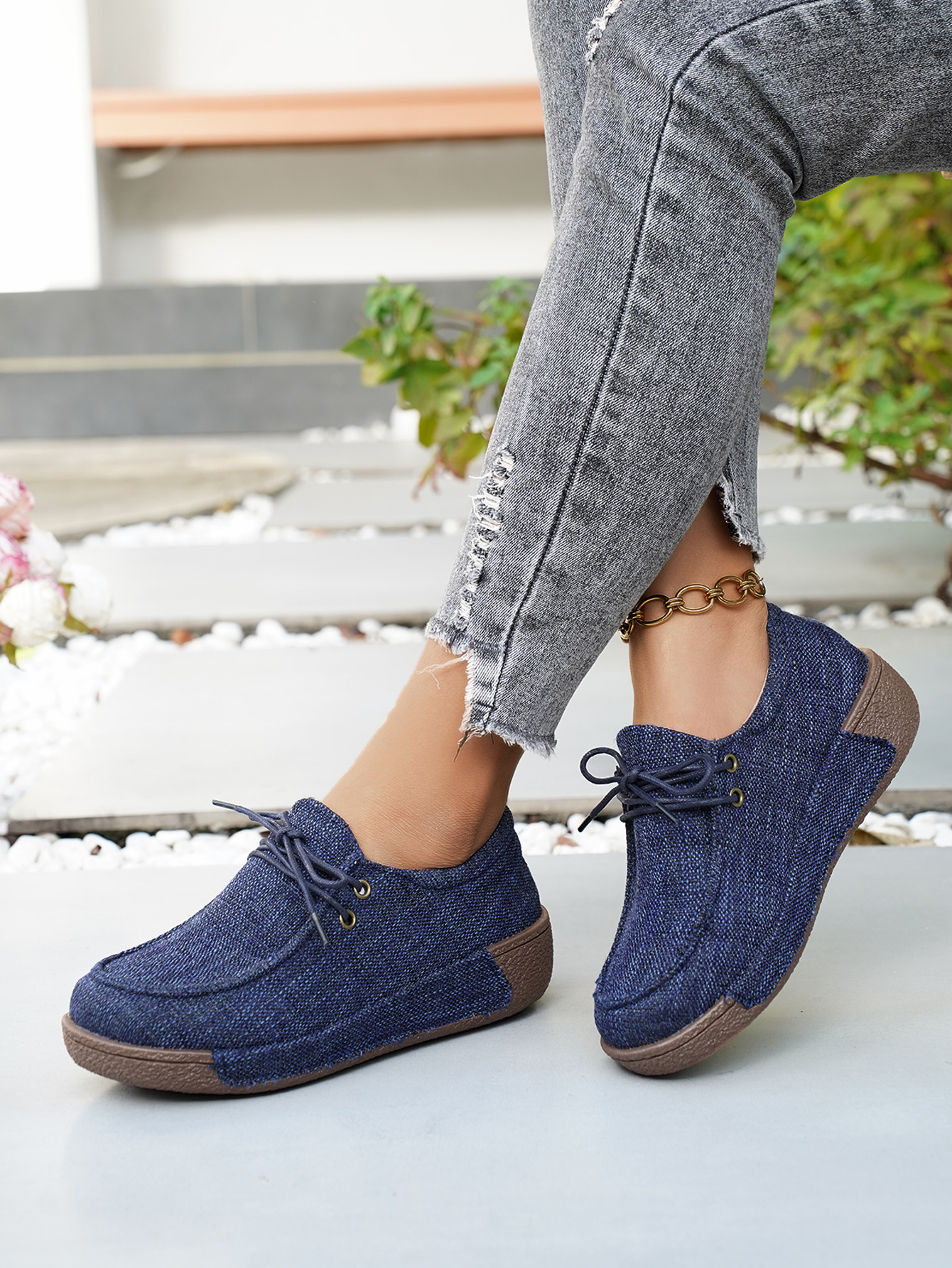 Damen Denim Schnürschuhe Mit Plateau Bequeme Freizeitschuhe_voghion.com