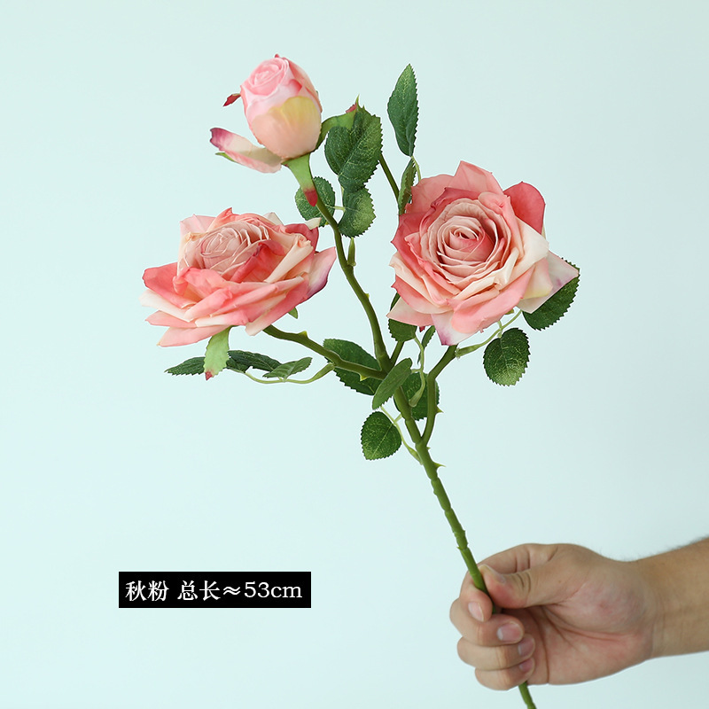 法式3头焦边玫瑰花假花复古客厅餐桌仿真花装饰摆件插花家居婚庆|undefined