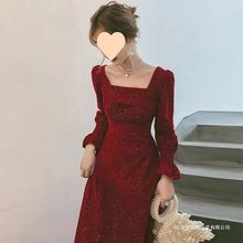 秋冬新款小礼服裙长款优雅气质方领酒红色连衣裙收腰显瘦平时可穿