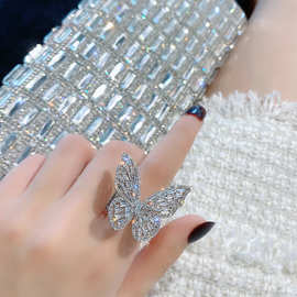 韩版时尚满钻蝴蝶开口戒指镂空宝石夸张指环流行饰品