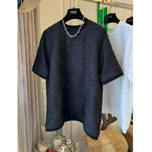 Textured, 3D Wave-Design Short-Sleeve T-Shirt for Women – Summer, Loose-Fit, Versatile, Instagram-Fashionable, High-End, Niche-Style Half-Sleeve Top