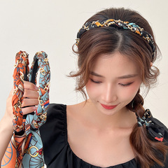Vintage chain long tassel headband for women, hair tie system with headband, summer silk scarf hair tie, braided hair band hair accessory