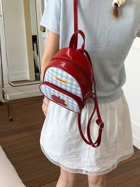 ファッショナブルな赤いチェック柄アップルバックパック、キュートで絶妙なミニガールバックパック、カレッジスタイルの学生スクールバッグ、大容量|undefined