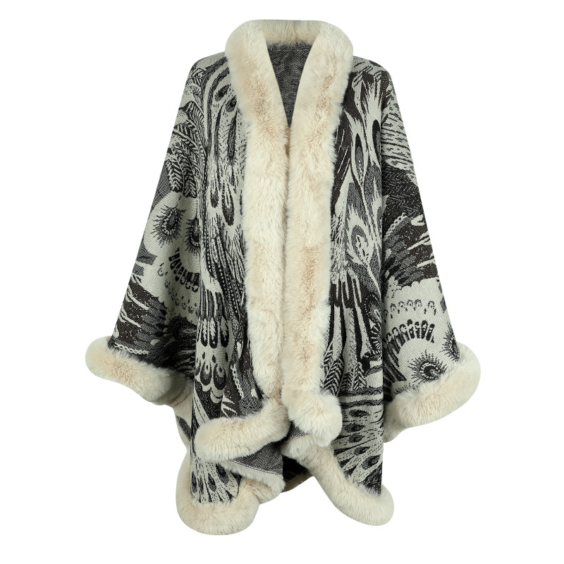 Women's thickened thermal shawl with peacock flower knitted cape_voghion.com