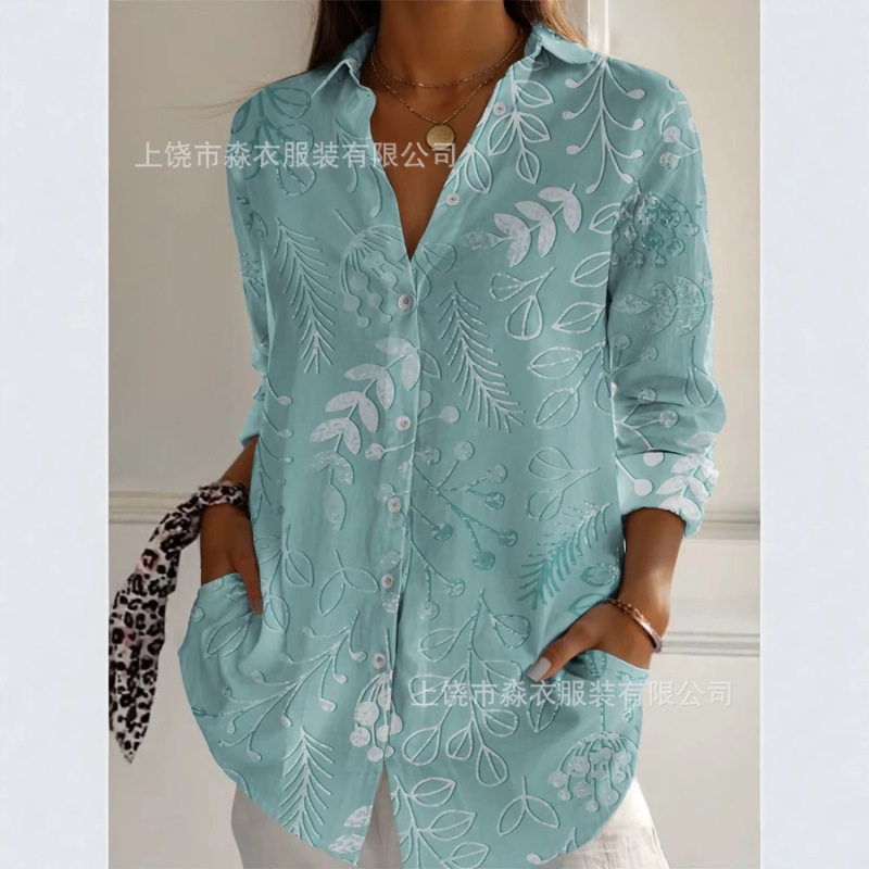 Summer new colorful floral print women's long-sleeve shirt with a turn-down collar, loose casual shirt, versatile for commuting