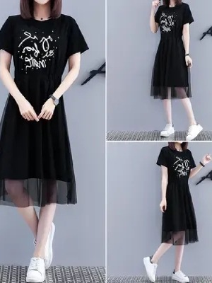 Plus-size summer hip-hiding maxi skirt, slimming, middle-length, mesh lace dress, stylish, youthful, printed top dress for women