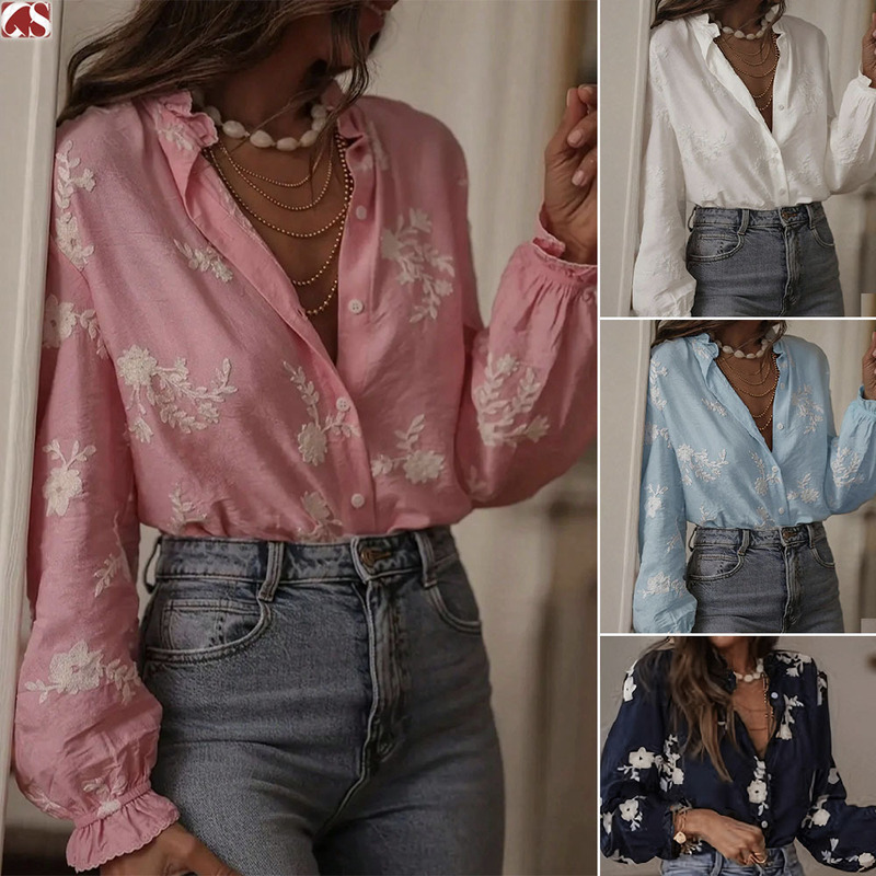 Popular Cross-Border Independent Site Spring and Autumn Amazon Women's Cardigan Puff Sleeve Fungus Collar Embroidered Casual Shirt Top