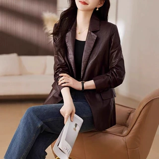 2024秋冬新款西装时尚海宁真皮皮衣女显瘦绵羊皮修身休闲中长外套