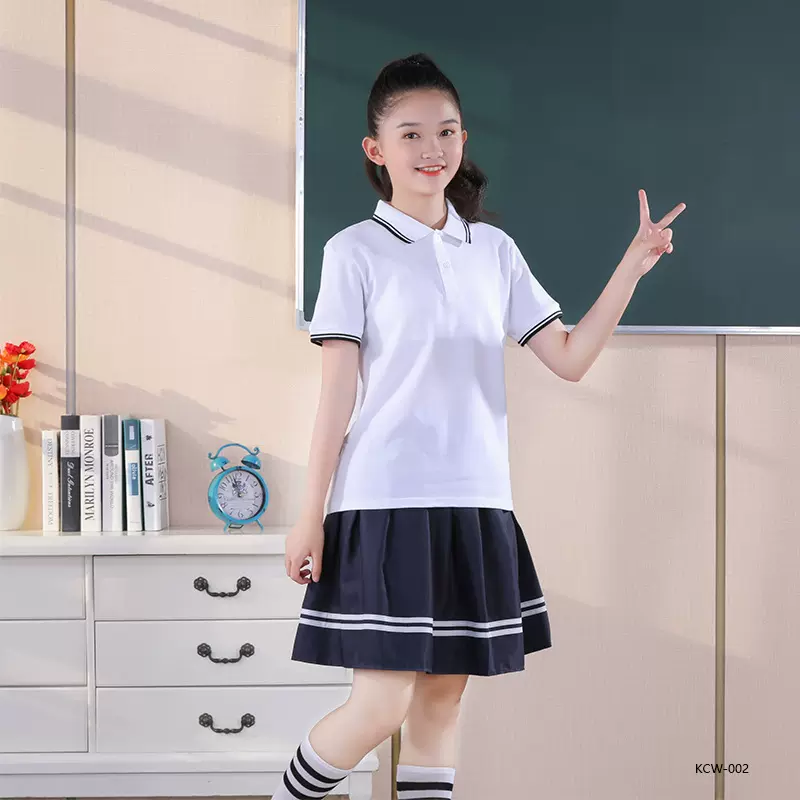 砍柴娃夏季简约中大童中性童装运动棉校服藏青条领子白色短袖上衣