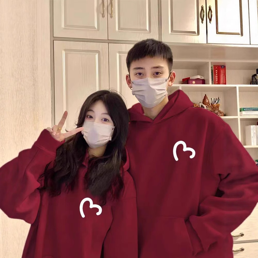 酒红色连帽卫衣情侣装秋冬季新款高级感宽松慵懒风加绒加厚外套女