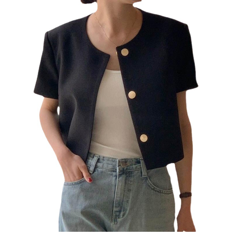 Corea del Sur chic verano estilo chanel cuello redondo de un solo pecho casual todo partido manga soplo abrigo corto de las mujeres chal