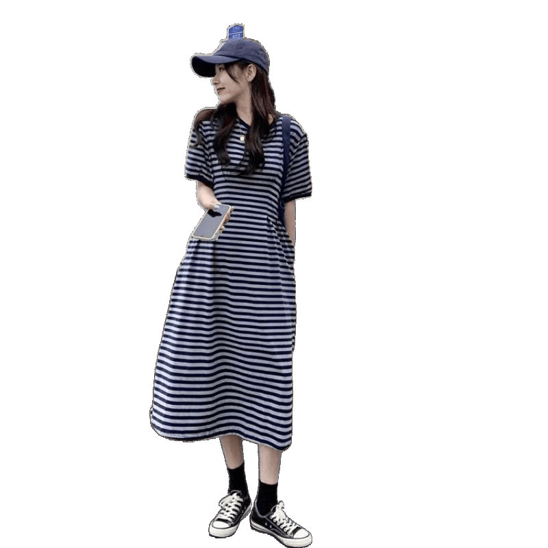 女性用ピュアコットンストライプドレス、夏カジュアル、ゆったり大きいサイズ、お腹カバー、膝上ウエスト痩身、ロングTシャツドレス|undefined