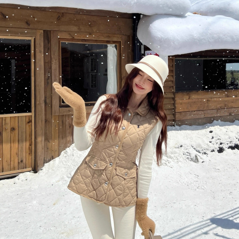 High Version Rl Raffia Cotton Vest with Fashionable Quilted Design, Slimming Waist, Adjustable Autumn and Winter Warm Top