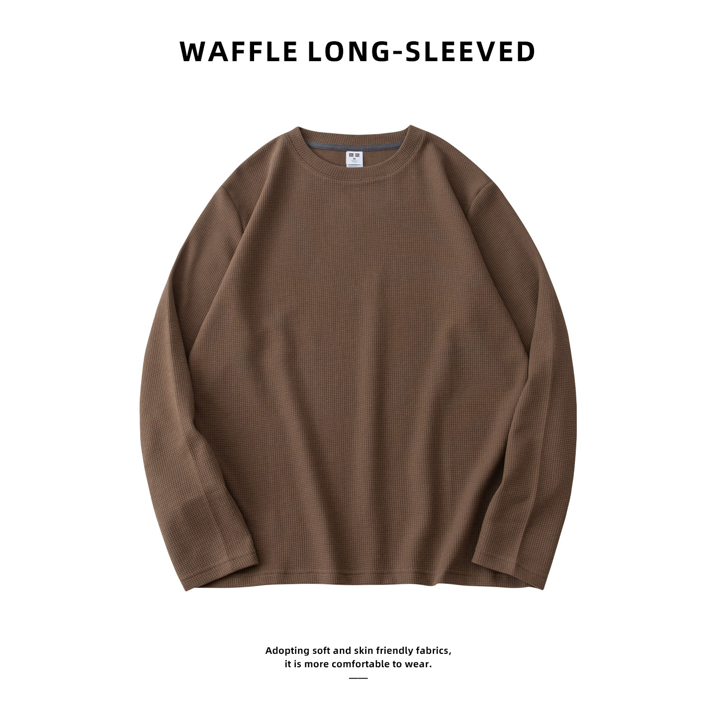 Waffle Camiseta de manga larga de los hombres de estilo americano suelta camiseta superior otoño juventud color sólido japonés camisa de fondo