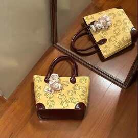 中古可爱托特包拼接手提包单肩包pu大容量水桶包手拎包