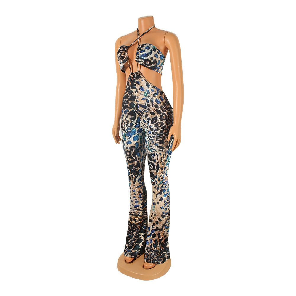 Women Clothing Sexy Cutout Halter Women Jumpsuit Trousers Bell Bottom Pants