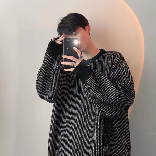 Men's Couple Casual Knitwear Sweater with Small Stripes, Autumn and Winter, Personalized, Versatile, Fashion, Contrast Color Base Layer Sweatshirt