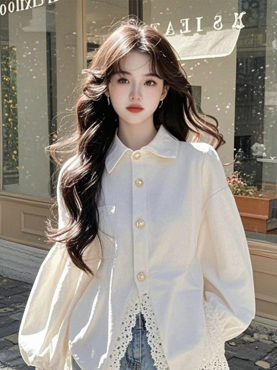 2025春季新款法式复古设计高级感小众蕾丝拼接衬衫女别致长袖上衣|undefined
