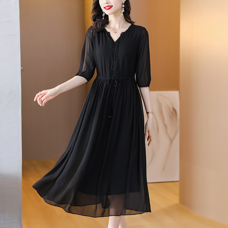 Brand Wholesale Silk Dress 2026 New Summer Style Elegant Fashion Black Mulberry Silk Slimming Tummy-Covering Dress