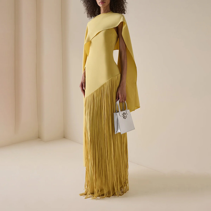 European and American Fashion Dress for Women 2026 Autumn New Solid Color Slim Fit Shawl Style Design with Tassel Hem Long Dress for Women European and American Fashion Dress for Women 2026 Autumn New Solid Color Slim Fit Shawl Style Design with Tassel Hem Long Dress for Women