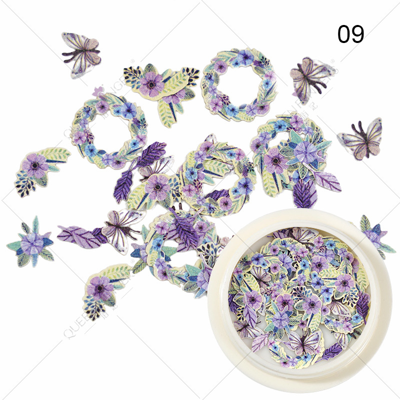 Joyas de manicura de la princesa inswind coloridas flores y hojas pájaros mariposas primavera serie de pulpa de madera parche de manicura