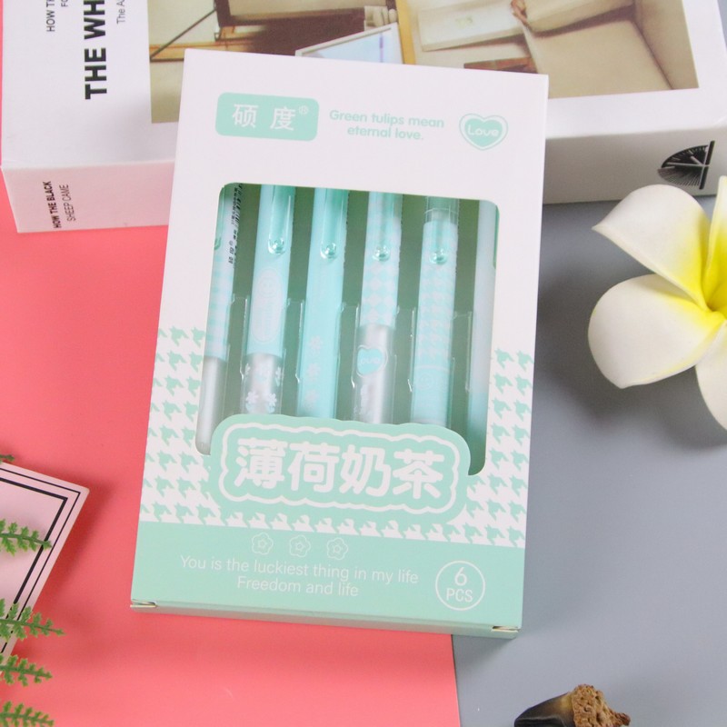 6 piezas en caja ST cabeza de prensa pluma de gel de prensa de alta apariencia estudiante creativo cepillo pregunta pluma mismo color firma pluma