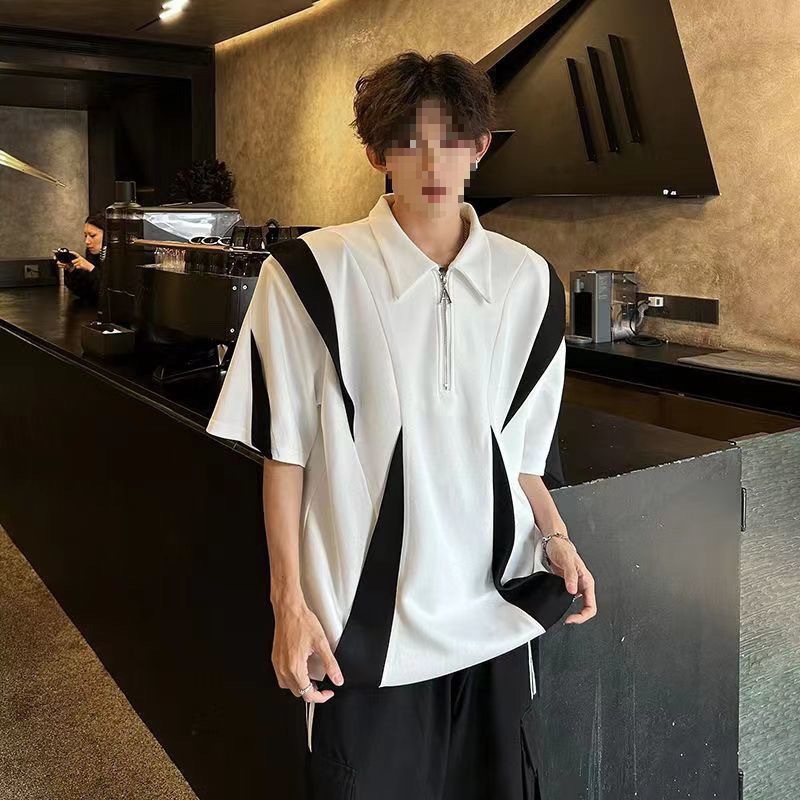 Camiseta de media cremallera de peso pesado retro americano almohadilla de hombro de costura polo camisa de manga corta para hombres con sentido del diseño de verano para hombres