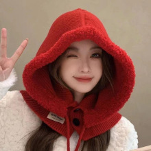 加厚保暖针织帽毛线围脖巴拉克拉法帽子女冬显脸小红帽一体大头围