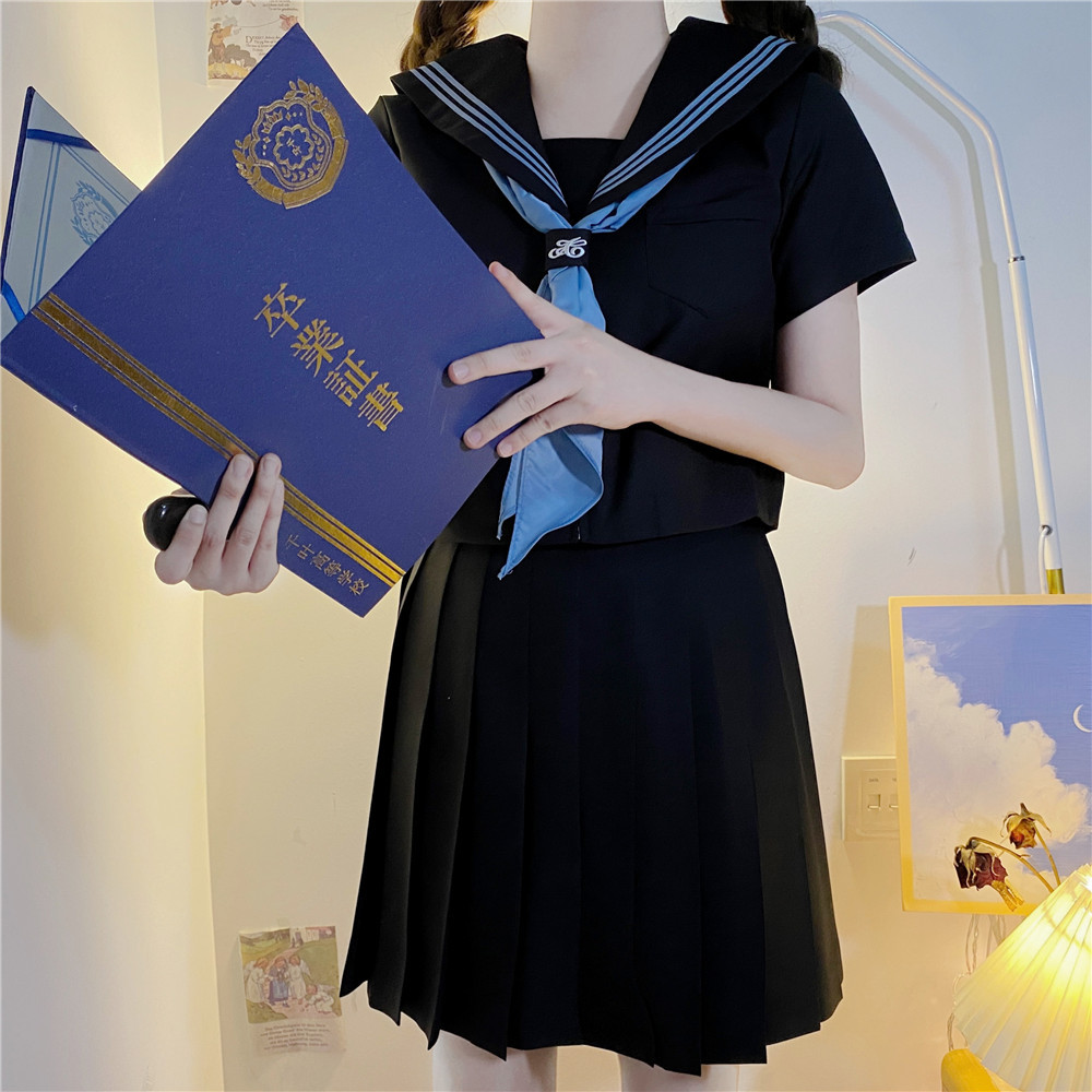 도매 검은 색과 파란색 세 선원 세트 짧은 소매 여름 세트 중간 세트 일본 JK 유니폼 스커트 기본 학업 스타일 세트