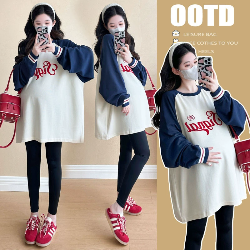 Модная осенняя толстовка для беременных 2025 года в корейском стиле с принтом и лоскутным дизайном