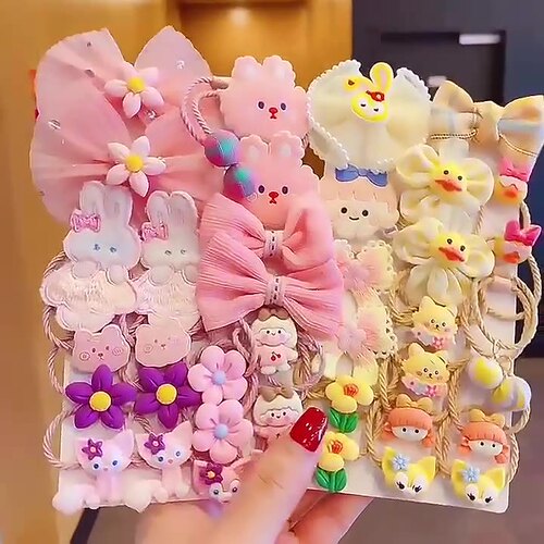 Children's elastic hair tie set, baby hair ribbon for girls, flower and bow hair accessories, non-irritating hair clips, cute hair bands for braiding ponytails