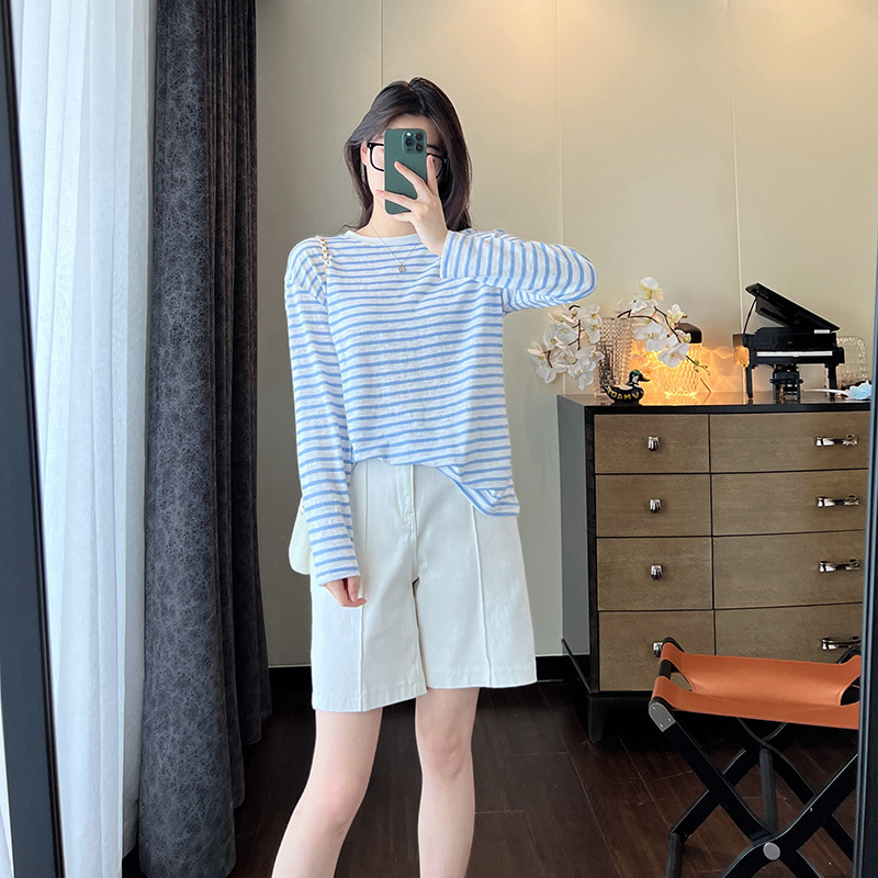 レトロなセーリングストライプT！竹ピマコットンコントラストストライプTシャツ夏ルーズレイジー日焼け止めブラウス|undefined