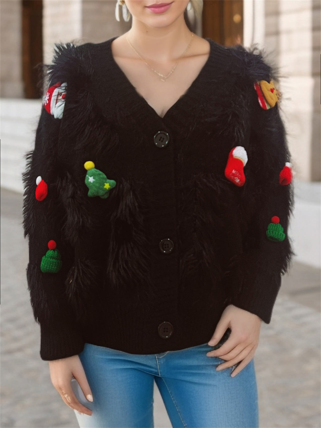 Damen Weihnachtskardigan In Rot Mit Nerzoptik Und Applikation_voghion.com