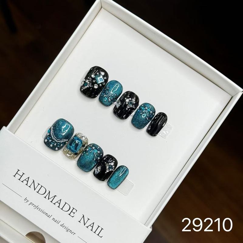 【純手作りのつけ爪29-32】ロングフレンチキャットアイパッチ付け爪、取り外し可能なネイルアートコレクション|undefined