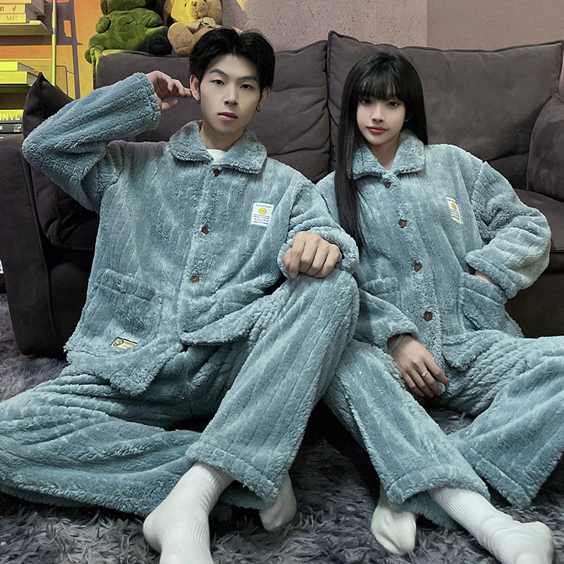Superior coral azul pijamas pareja de felpa solapa Otoño e Invierno cardigan manga larga engrosada caliente desgaste del hogar traje