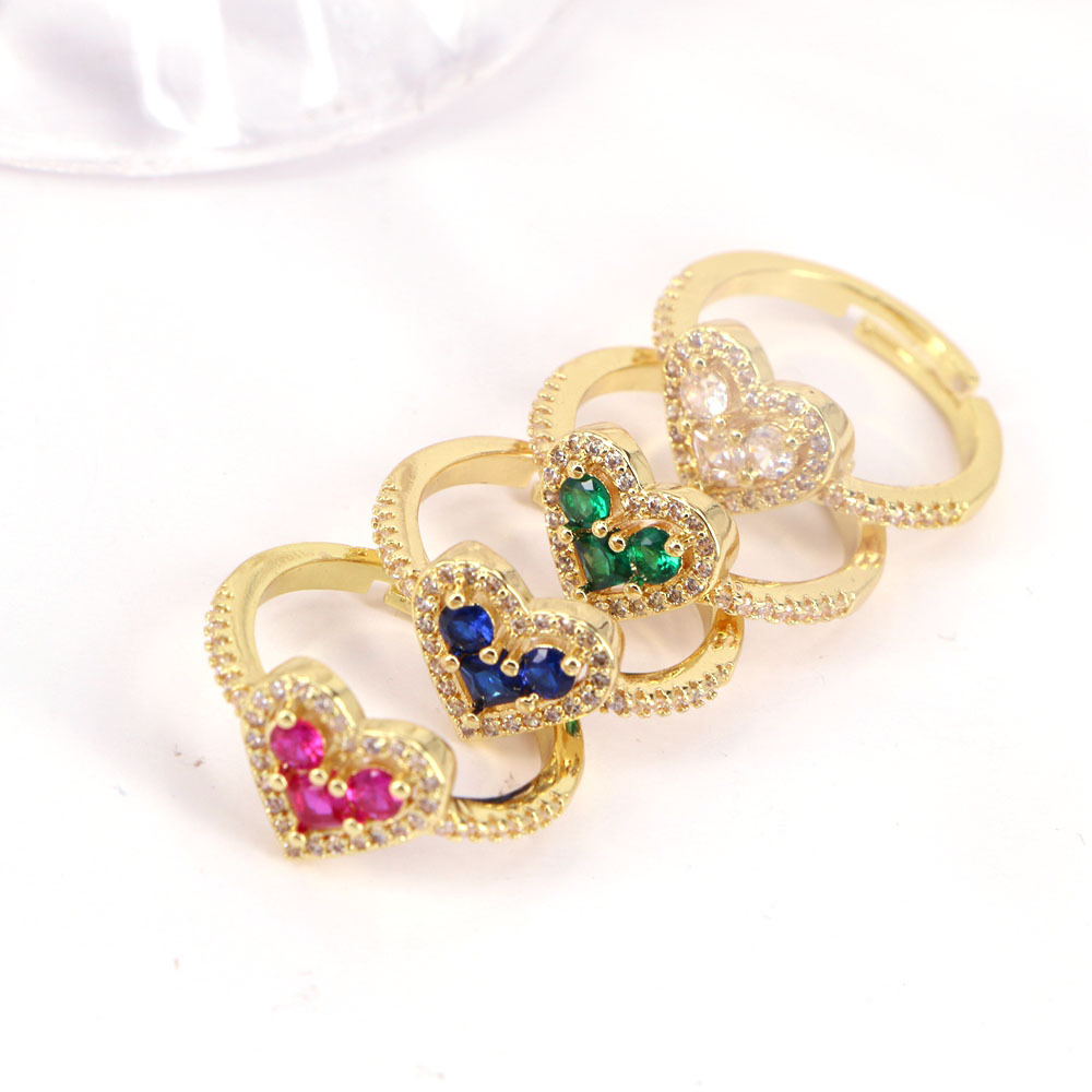 New Simple Colorful Heart-shaped Copper Inlaid Zircon Open Ring display picture 1