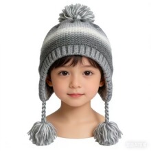 冬季手工针织渐变挂球亲子毛线帽秋冬流苏保暖百搭可爱护耳防风帽