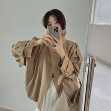 原版现货双排扣立领风衣25秋冬女款廓形夹克经典卡其色短款外套批