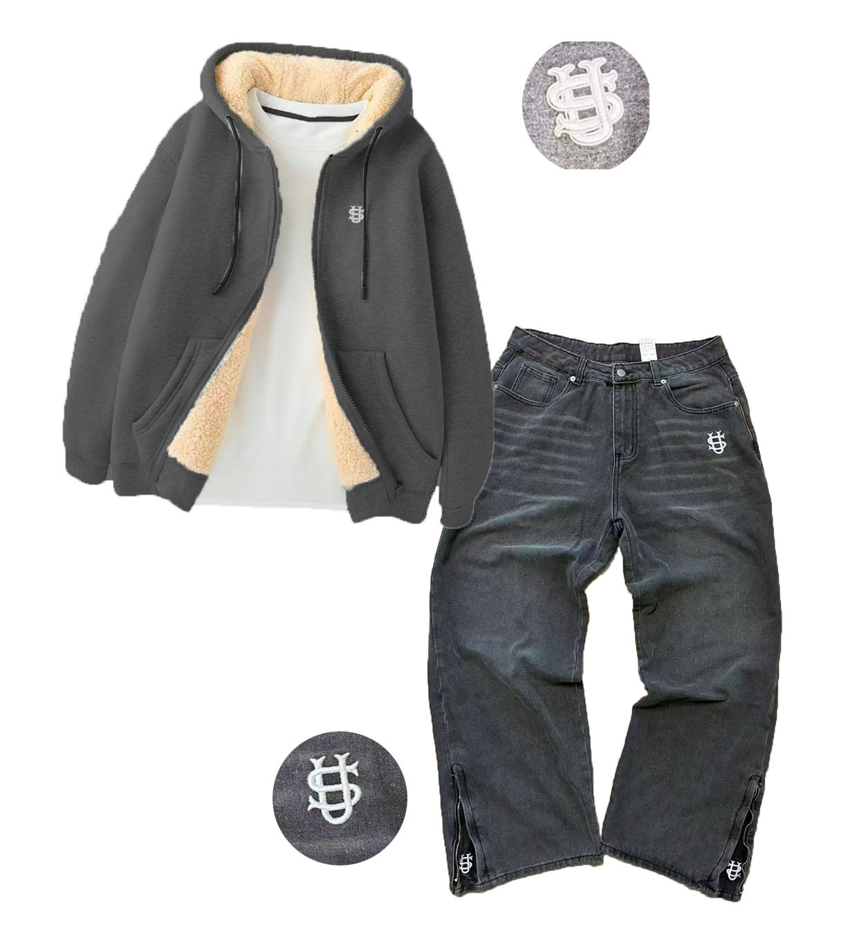 Men's Clothing Autumn And Winter Men's Letter Embroidery Hot Stamping Lambskin Jacket Jeans Suit_voghion.com