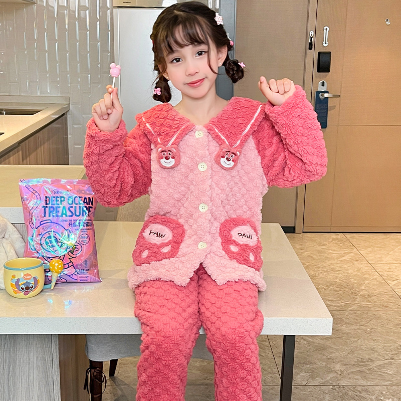 Pijamas para niños niñas de invierno y otoño de franela caliente y grueso de terciopelo de dibujos animados para niños coral terciopelo de coral ropa para el hogar