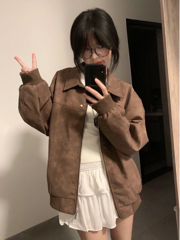 复古皮衣外套女2025年春秋季新款学院风百搭情侣美式宽松学生夹克|undefined