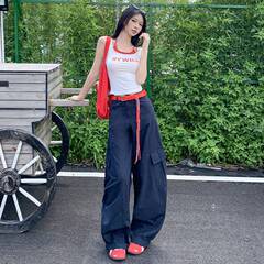批发藏蓝色弯刀气球裤女夏百搭速干长裤工装裤口袋休闲裤子