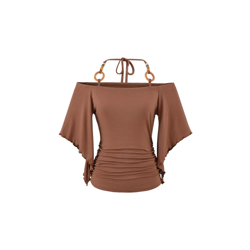 2025 New European and American Style Pure Desire Hippie Retro Loose Off-Shoulder Wooden Beads Decorated Batwing Off-Shoulder Halter Top