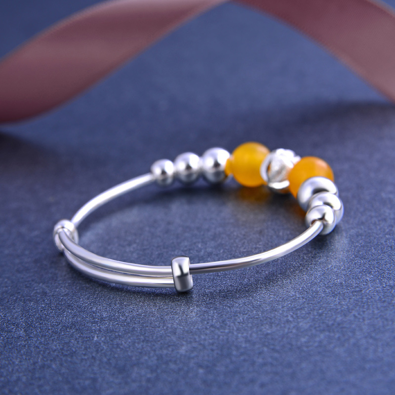 S990 plata pura con cuentas amarillo Calcedonia bebé pulsera de plata esterlina niños y niñas bebé Luna Llena pulsera de plata Anillo de pie joyería