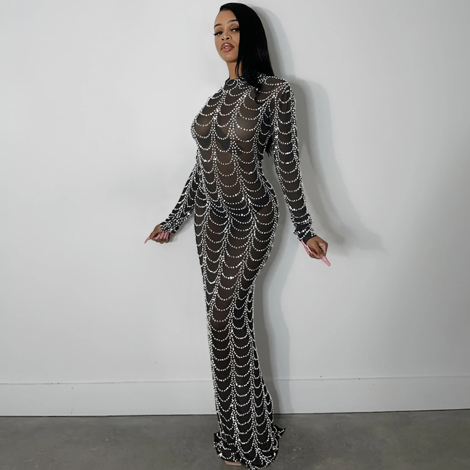 X5351 AliExpress Amazon moda europea y americana nueva sexy nightclub caliente rhinestone malla perspectiva Vestido de manga larga image 4