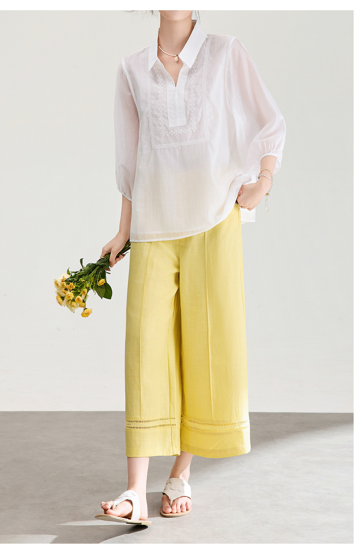 Quần culottes nữ ống rộng dáng dài 9 phần, chất liệu sợi gai dầu mỏng nhẹ mùa hè — màu xanh navy chi tiết 11