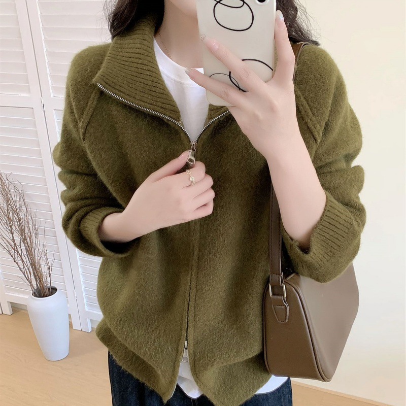 跨境慵懒风毛衣外套女2025秋冬新款韩系纯色立领拉链针织开衫上衣|undefined