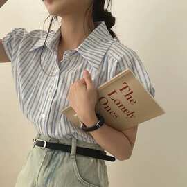 法式甜美泡泡袖条纹设计感衬衫女2025夏季新款温柔风气质防晒衬衣