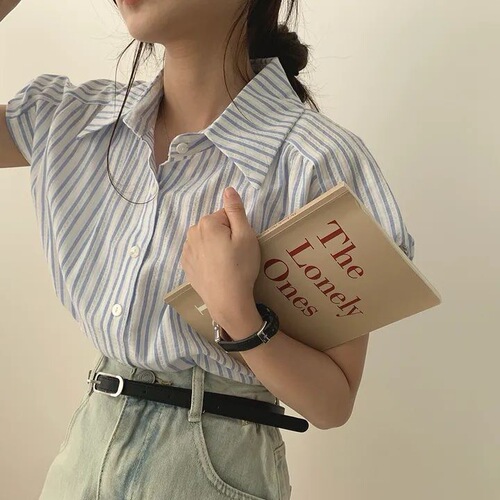 French Sweet Bubble Sleeve Striped Design Women's 2025 Summer New Soft Style Elegant Sun Protection Shirt